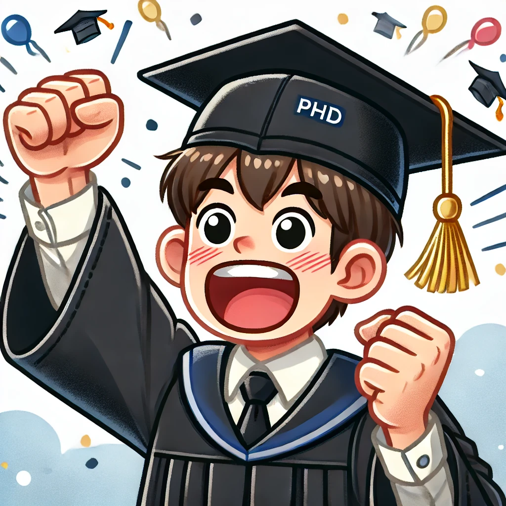 A image of PhD graduate, dressed in a traditional black cap and gown, energetically punching the air with one fist. The graduate has a broad smile, and the background is lively with floating confetti, emphasizing a festive atmosphere of celebration and academic achievement.