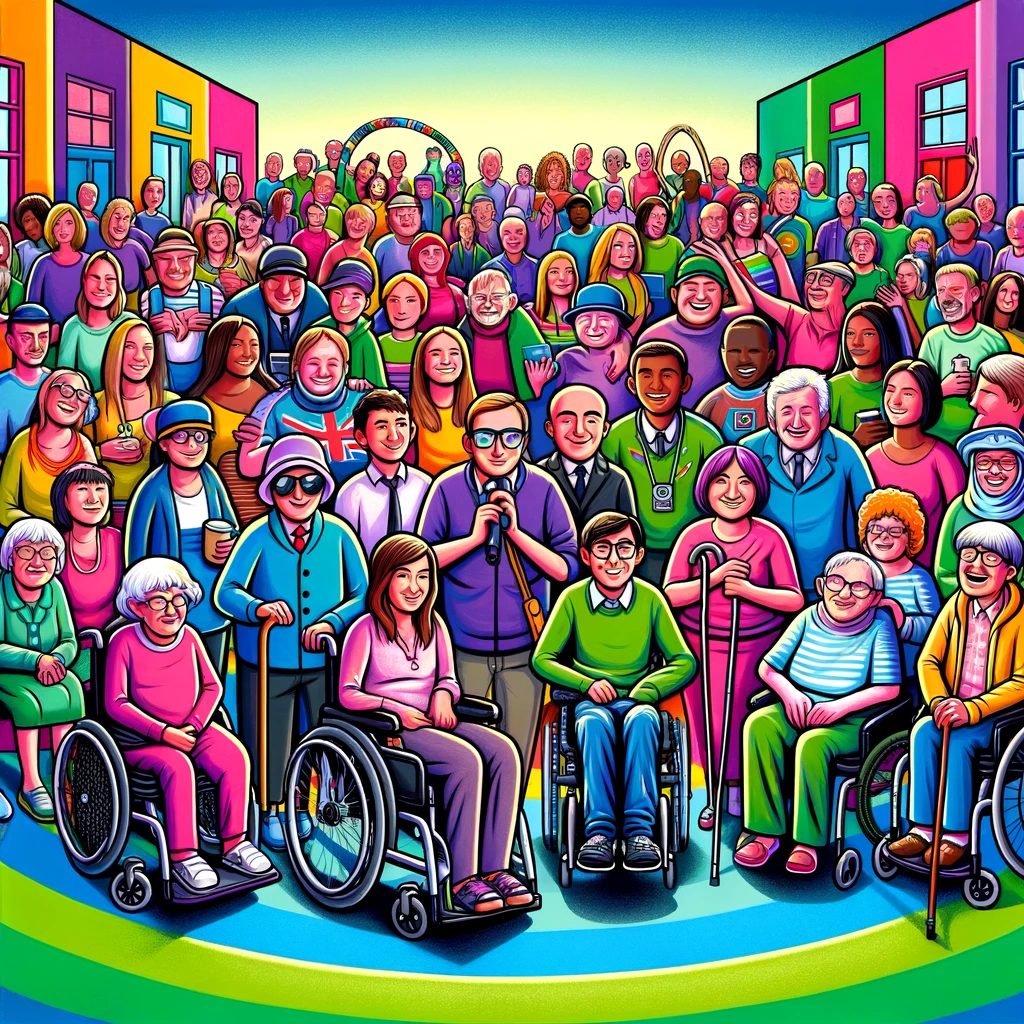 A vibrant cartoon illustration depicts a diverse group of people, including those with and without disabilities, engaging in a lively communal setting. The image features individuals using mobility aids like wheelchairs and canes, and hearing aids, all interacting harmoniously against a colorful background that symbolizes unity and variety.