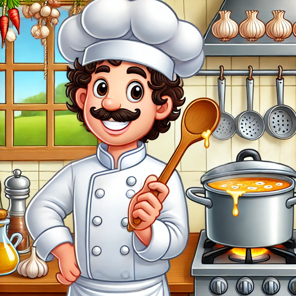 A cartoon chef with curly hair and a mustache joyfully cooks in a sunny kitchen, stirring a bubbling pot with a wooden spoon. His white chef’s uniform and hat add to the cheerful.