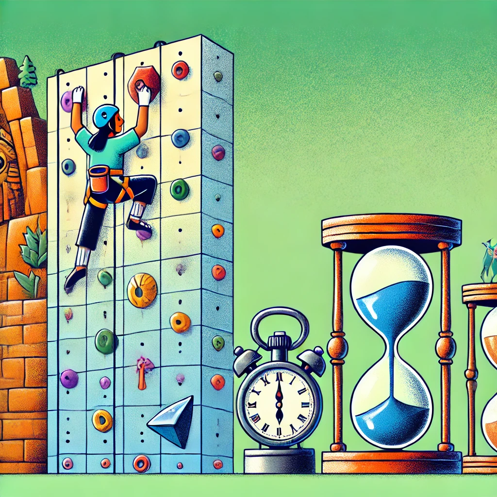 The image shows a young woman wearing a helmet and climbing gear, scaling a vibrant artificial climbing wall filled with various colored holds. In the foreground, metaphorical barriers such as a giant lock, a brick wall, and an hourglass, each with surprised cartoon faces, symbolize different challenges being overcome.