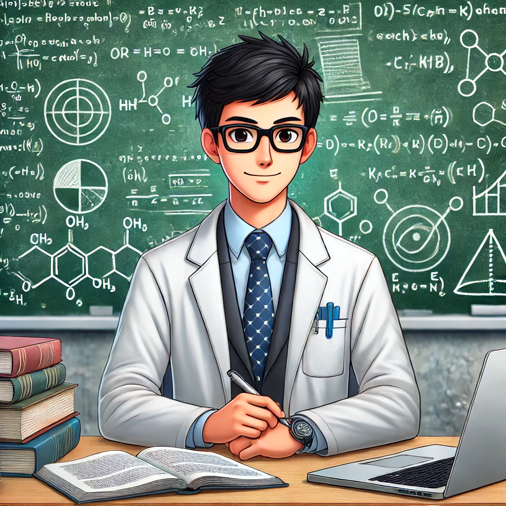 The image shows a cartoon of a male doctoral research student in an academic setting, with short black hair, glasses, and a lab coat. He is surrounded by a cluttered desk filled with books and a laptop, with a background chalkboard full of complex equations, emphasizing a studious and focused environment.