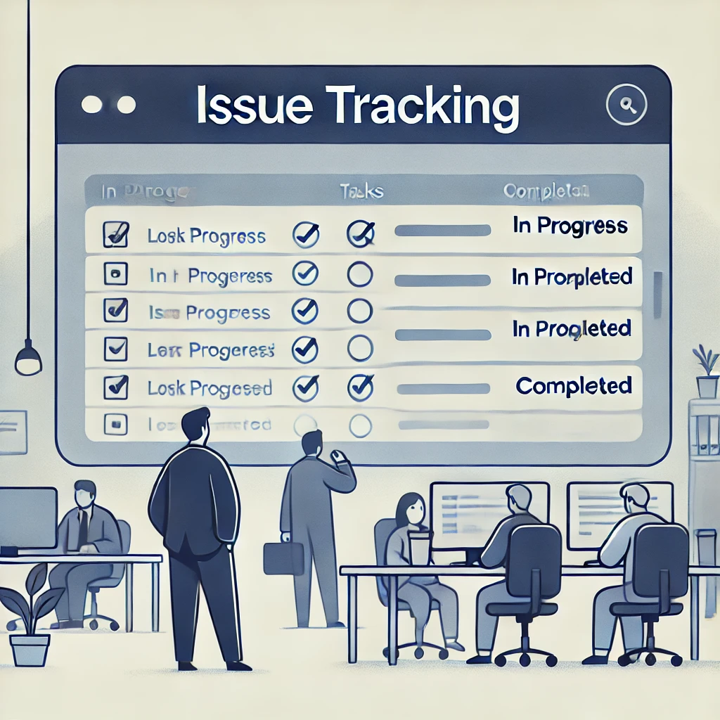 In the cartoon image, a simplified office setting is portrayed with two people observing a large digital screen displaying a few tasks marked as 'In Progress' and 'Completed'. The scene uses minimal details, focusing on the digital issue tracking system and a few office elements like a desk and a plant.