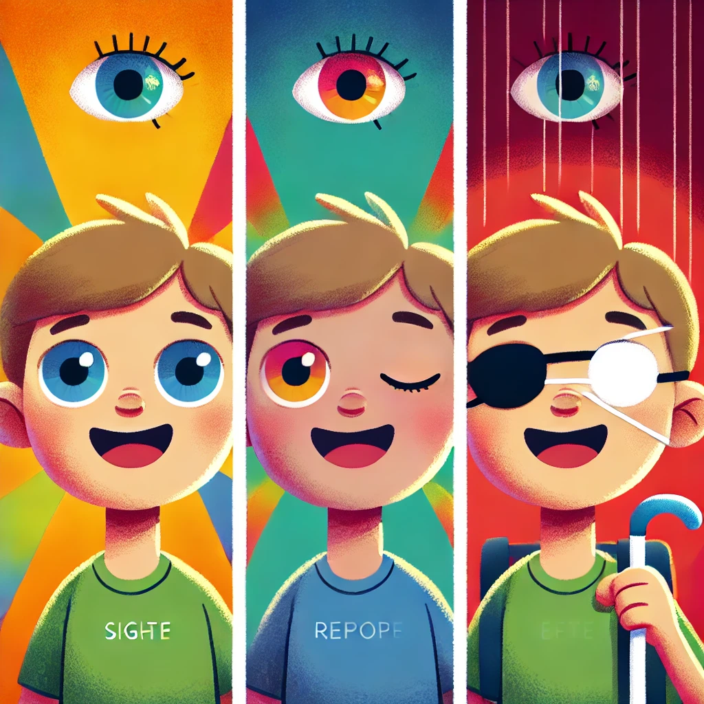 A cartoon progression depicting a person's transition from sight to blindness, starting as a vibrant, clear-eyed child and ending as a visually impaired young adult with a white cane. The image captures the gradual loss of vision through fading colors and changing expressions, symbolizing resilience in adapting to blindness due to retinal detachment.