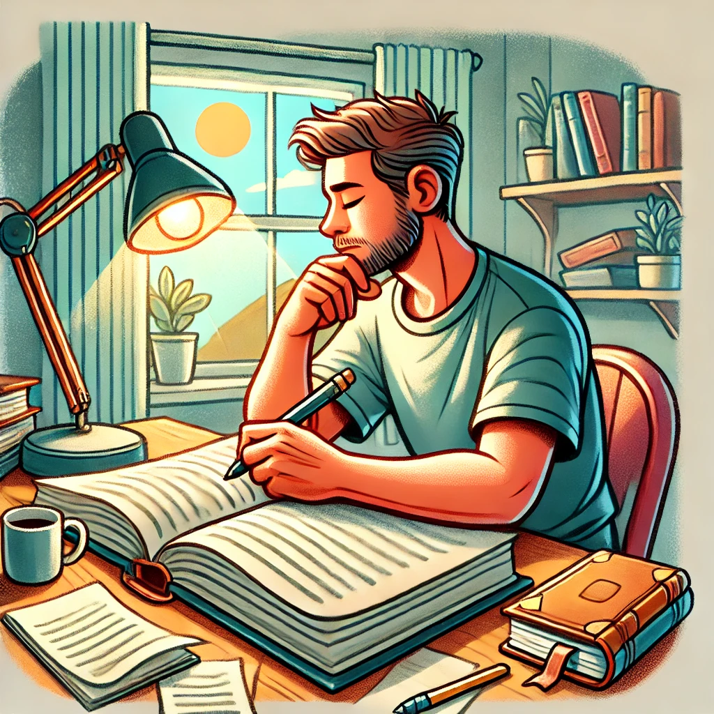 A image of an adult sitting at a desk, engrossed in writing in a large book. The room is warmly decorated with a lamp, scattered papers, a coffee cup, and bookshelves by a sunny window.