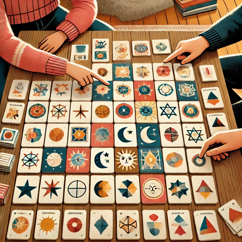 Two adults are engaged in a 'Matching Pairs' game, pointing at various colorful cards with symbols like stars and animals, arranged neatly on a wooden table.