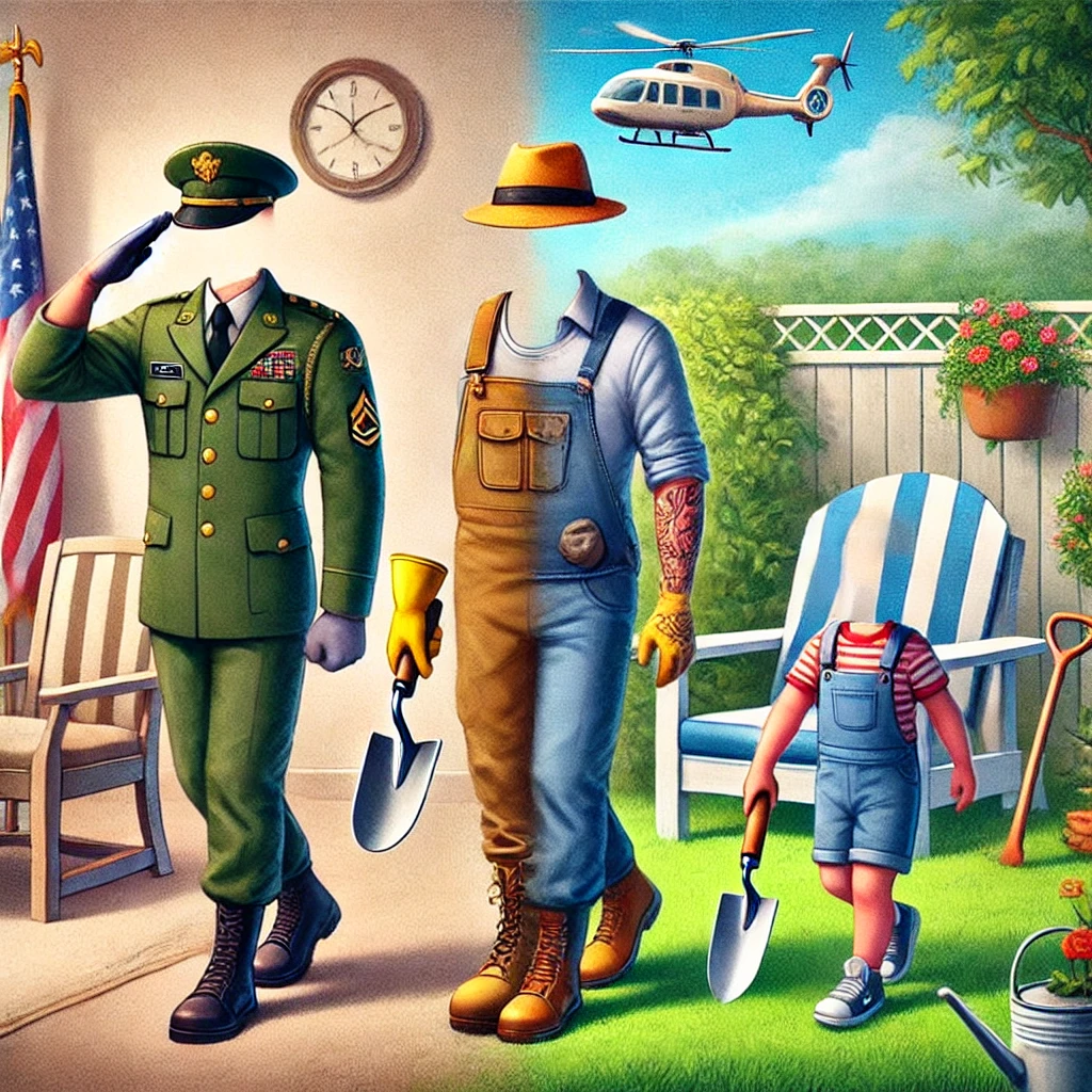 A image of a man embodying three distinct roles, as a lieutenant colonel in uniform, as a gardener wearing a straw hat and holding gardening tools, and as a father dressed casually and playing with a toy. The background seamlessly transitions between a military base, a lush garden, and a cozy home setting, illustrating the man's varied identities.