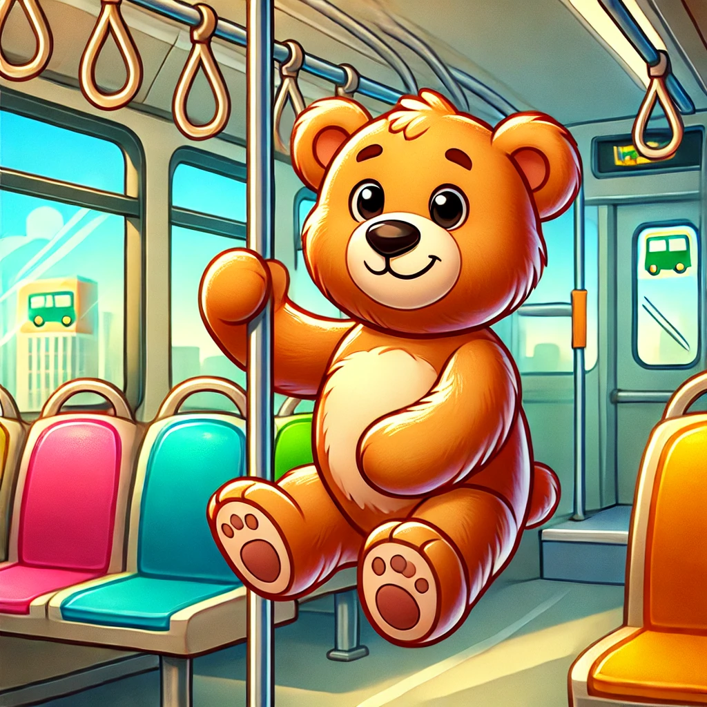 A cheerful teddy bear rides a bus, gripping a seat handle with one paw, surrounded by colorful seats and sunny windows. The playful scene captures the teddy bear's animated and friendly expression.