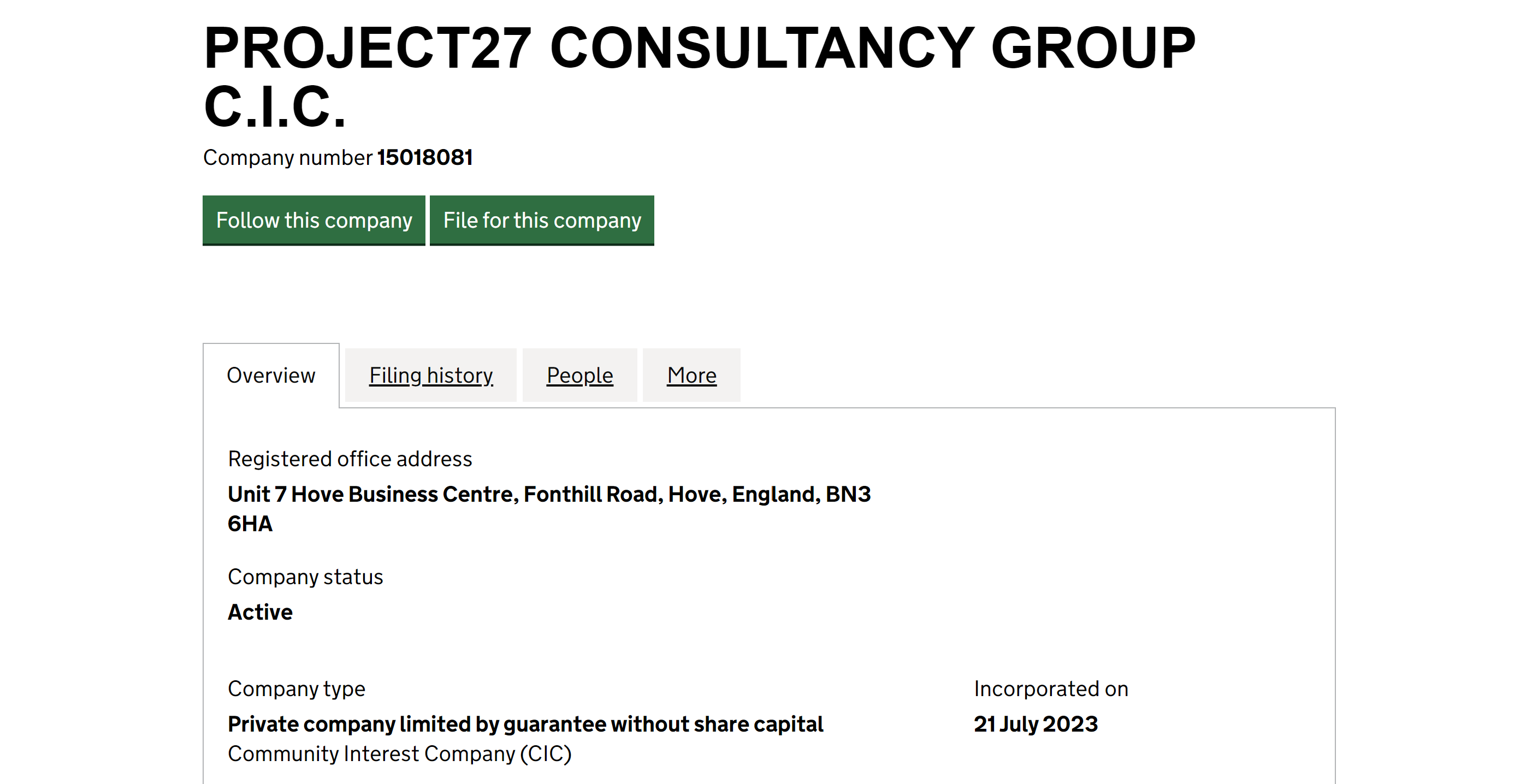 A screenshot of the Companies House website, showing the registered company number and company name of Project27 Consultancy Group C.I.C.