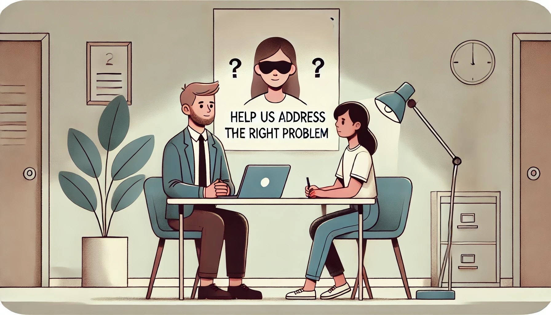 A cartoon illustration of a man interviewing a young blind woman. The scene is set in a minimalistic room with clean lines and a modern aesthetic. The man, sitting across from the woman, is taking notes on a laptop. The room includes a simple design with a plant on a desk and a poster on the wall with the words ‘help us address the right problem on it’.