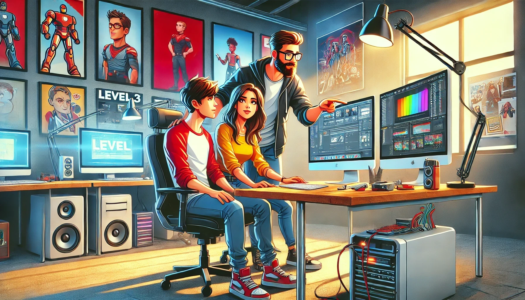 Cartoon illustration of two men and one woman working together in a bright, creative studio. They are seated at a desk with a large computer monitor, discussing and pointing at the screen. The background features posters, action figures, and multiple monitors, creating an energetic atmosphere.